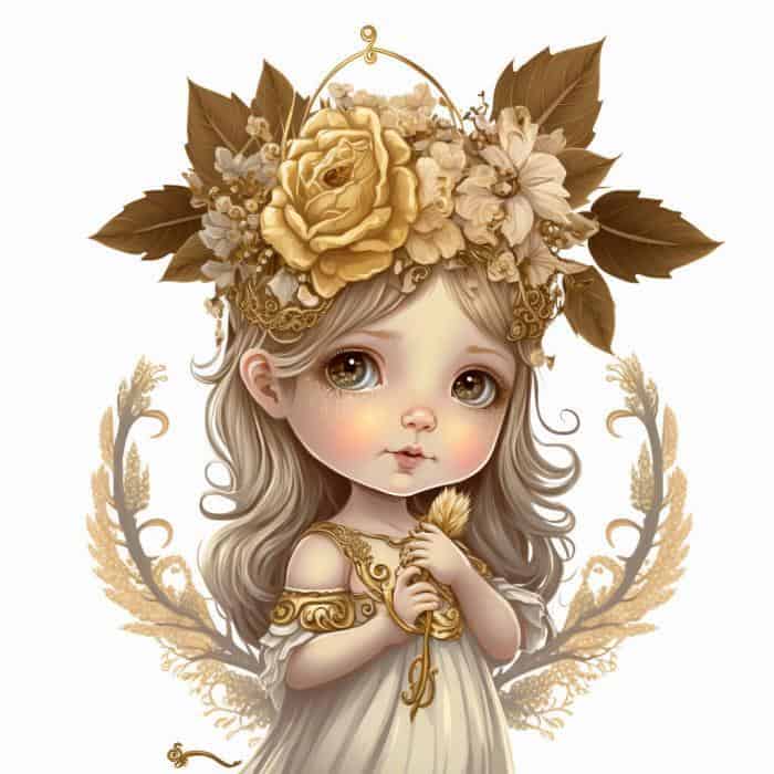 Rozprávka o víle Jar s korunou zo zlatých a strieborných kvetov av ruke drží zlatý prút.