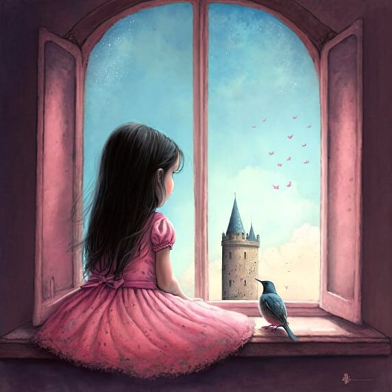 Pohádka - princezná v ružových šatách s dlhými čiernymi vlasmi sedí chrbtom k oknu vo veži, na okne sedí vtáčik a okolo je modrá obloha